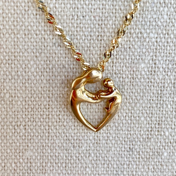 14K Real Yellow Gold Dainty Small "Mother & Child" Pendant. - Picture 7 of 10